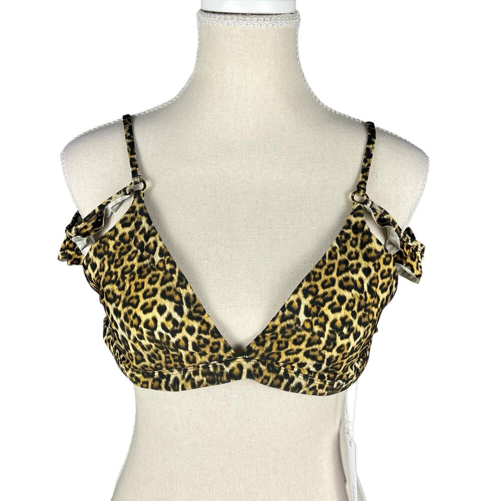 Solido Leopard Ruffle Triangle Bikini Top Y2K Halter Swim NWT Large